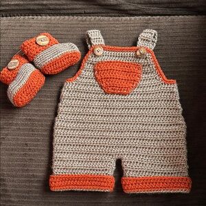 Handmade Crochet Kids Overalls and Booties Set Orange and Gray/Tan
